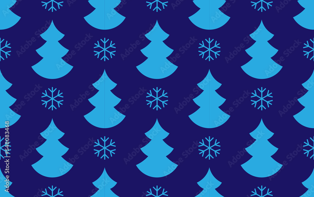 Christmas blue tree and snowflakes seamless pattern