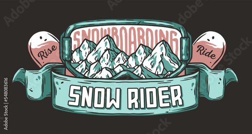 A winter extreme sport. Snowboarding equipment. Snow mountains. Printable print
