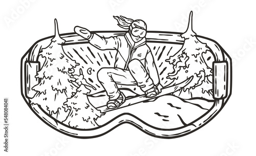A snowboarder descends a snowy mountain in goggles. A winter extreme sport. Printable print about snowboarding