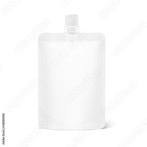 Pouch up bag mockup with spout. Vector illustration isolated on white background. Front view. Can be use for template your design, presentation, promo, ad. EPS10.	