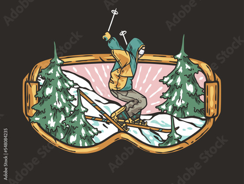 A skier descends a snowy mountain in goggles. A winter extreme sport. Printable print about skiing