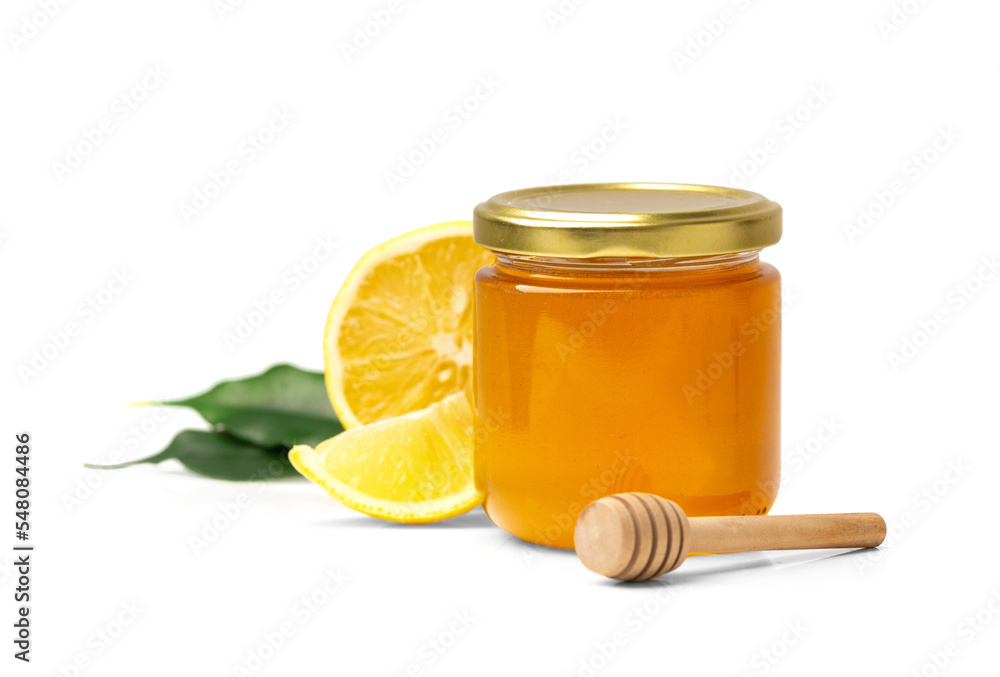 Honey with lemon on white background. Honey with lemon on white background.