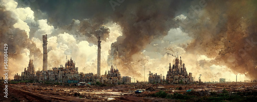 future town skyline, pollution, industrial factory