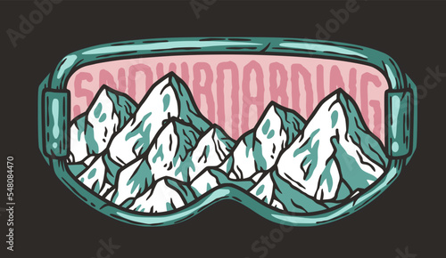 A winter extreme sport. Snowboarding and skiing equipment. Snow mountains. Printable print