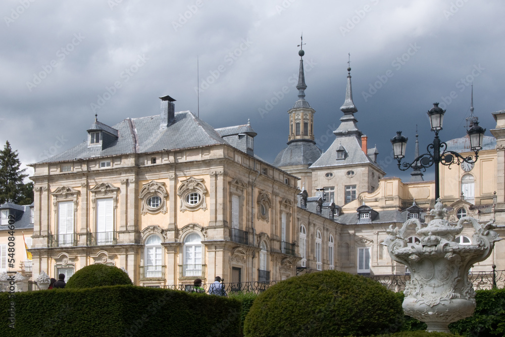 Beautiful view of La Granja Palace, in Segovia with cloudy sky