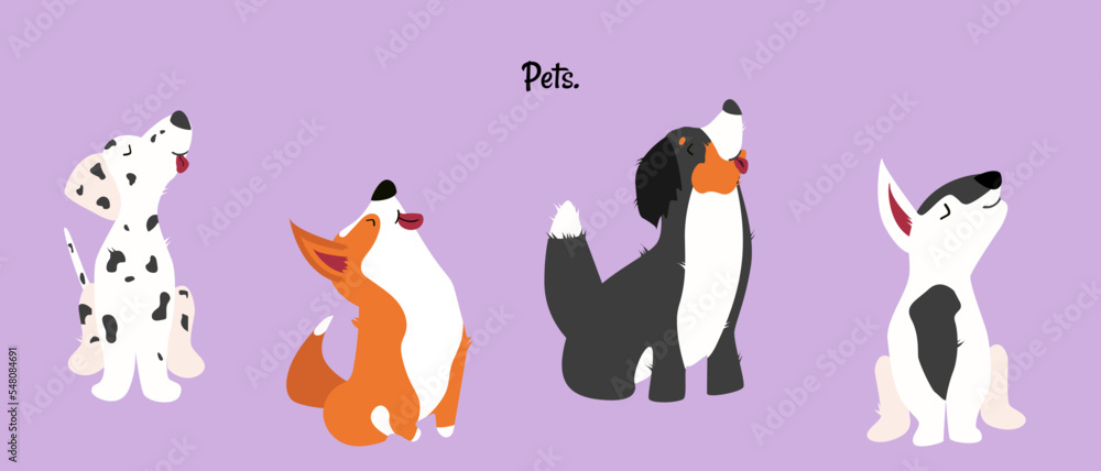 Obraz premium Vector illustration of cute dogs in flats style. Popular dog breeds: Dalmatian, Corgi, Bull Terrier, Dachshund. Poster, banner for pet store, veterinary clinic. Isolateted background.