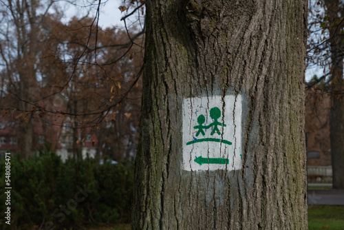 a pedestrian zone sign is painted on a tree