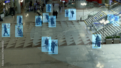 Facial recognition technology scan and detect people face for identification in crowded places. IOT CCTV, security camera motion detection system recognizes and identifies people using big data and AI photo