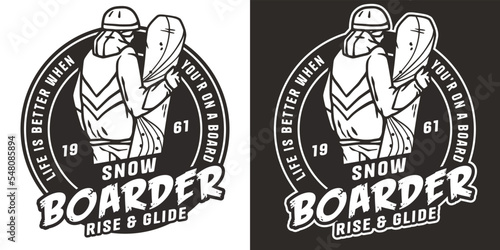 Snowboarder on a snowy mountain. Winter season extreme sport. Emblem about snowboarding