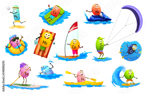 Cartoon mineral characters on summer sea vacation. Vector micronutrient personages manganese, calcium, sodium, and phosphorus, magnesium, copper, zinc or chlorine, selenium, iodine, iron and potassium