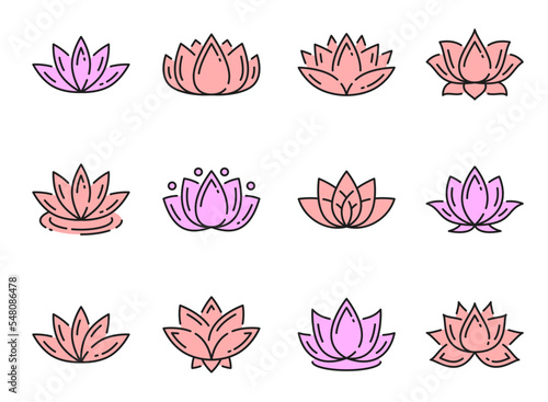 Color outline lotus icons, yoga and meditation flowers, vector floral symbols. Pink lotus flower of Oriental Spa, Ayurveda relax and Buddhism Zen meditation ornament, lotus petal buds linear icons