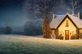 Christmas animated style house under the snow, christmas themed