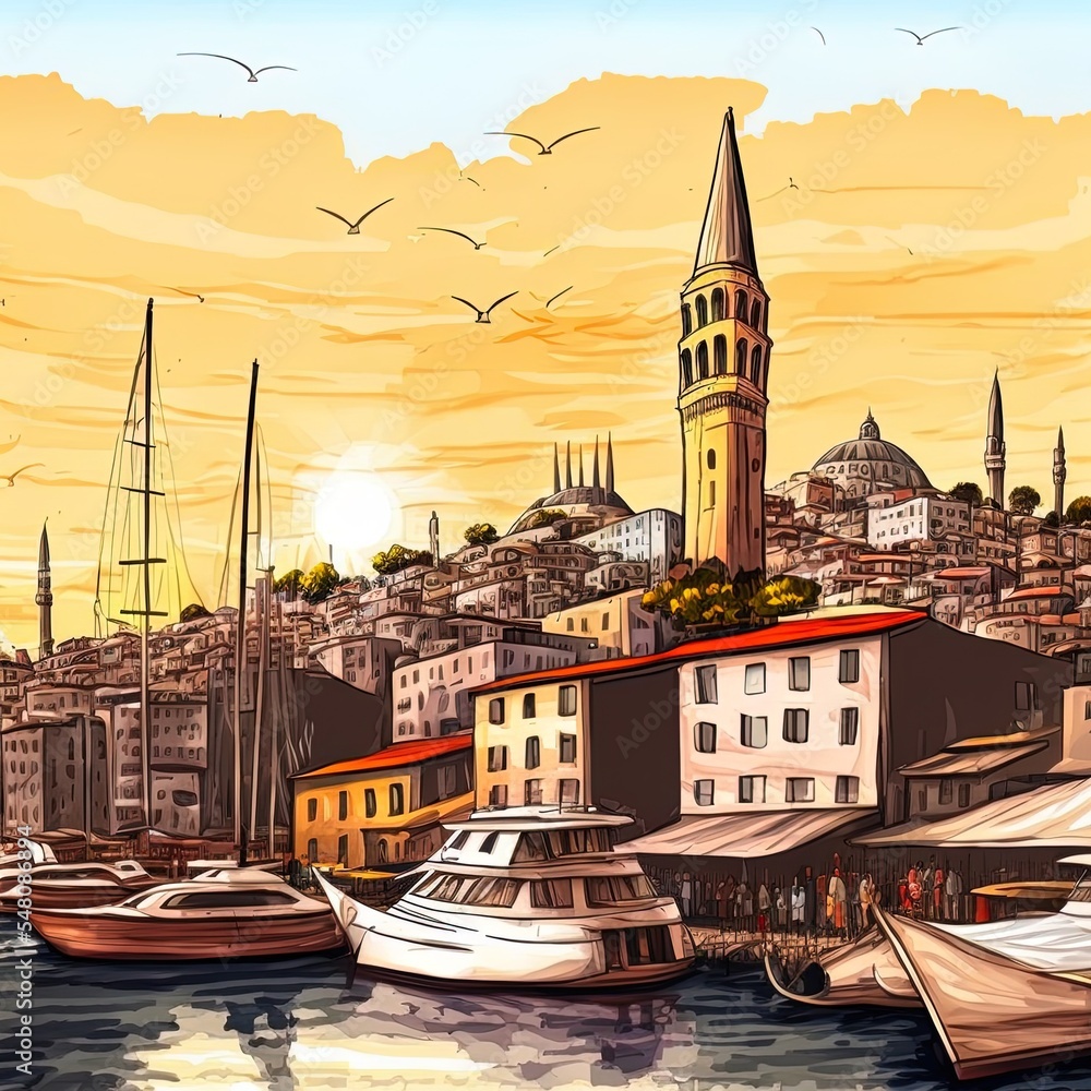 Obraz premium Cityscape of istanbul with the view on galata tower and boats in golden horn bay, turkey