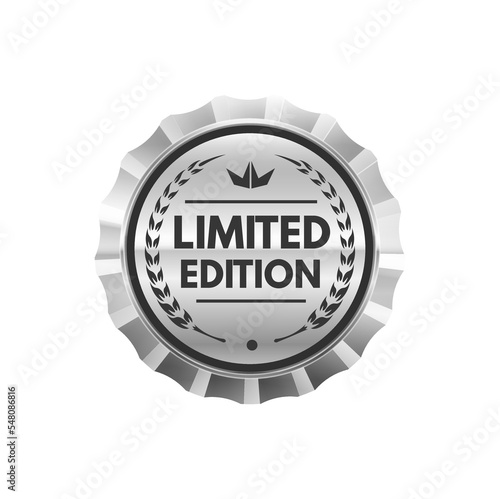 Limited edition silver badge and label. Limited edition quality guarantee stamp, original product authenticity warranty glossy metal vector label or badge. Certificate premium silver symbol or icon