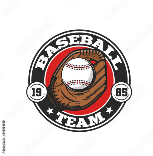 Baseball team icon, softball sport club emblem with glove and ball, vector badge. Baseball team or varsity fan club sign with catcher glove and softball ball for championship and tournament