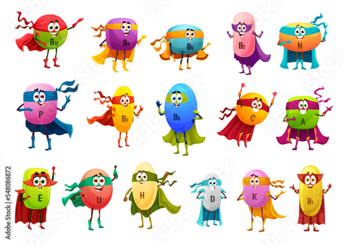Vitamin superhero characters. Isolated healthy vector multivitamin pill capsules B12 and N, P and B6, B9 or C, A, E, U and H, D, K and B1 personages wear superhero cloak and mask