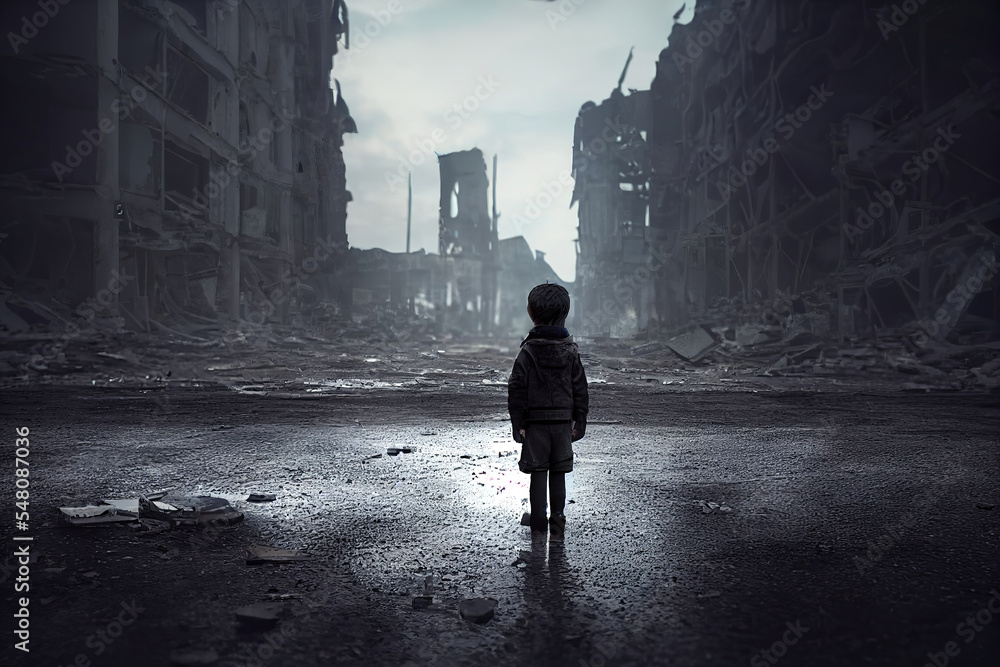 poor child standing in the ruined city after the war Stock Illustration ...