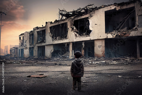 poor child standing in the ruined city after the war photo