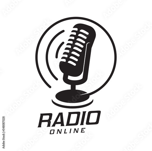 Online radio sation retro icon. Live broadcasting channel symbol or sign, web music streaming service vector emblem or circle pictogram. Online media and news icon with vintage microphone