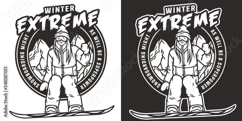 Snowboarder or woman on a snowy mountain. Winter season extreme sport. Emblem about snowboarding