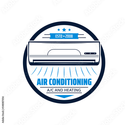 Air conditioner installation and repair service icon. House heating and cooling, room climate control, air conditioning equipment shop vector retro emblem, round sigh with AC split system unit