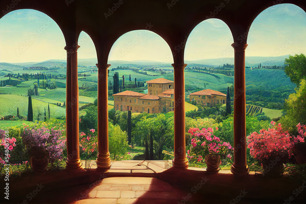 view from the italian manor balcony, beautiful tuscany view