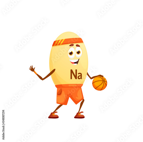 Cartoon sodium or natrium basketball player character. Isolated vector funny Na capsule run with ball. Nutrient personage playing game, sport exercises, fun. Food supplement sportsman bubble training