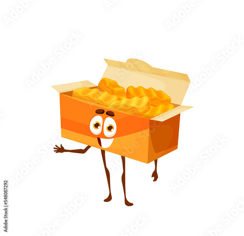Cartoon fried nuggets box character. Vector grilled chicken pieces in yellow carton package. Fast food personage waving hand. Happy fastfood positive emoji, kawaii junk meal character