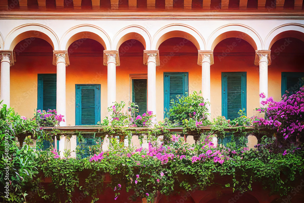 italian manor windows with flowers