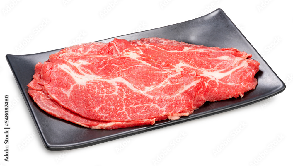 Rare Sliced Wagyu beef with marbled texture on black plate on white background, Red beef Sliced Asian shabu shabu Sukiyaki food style on white background. Rare Sliced Wagyu beef with marbled texture on black plate on white background, Red beef Sliced Asian shabu shabu Sukiyaki food style on white background.