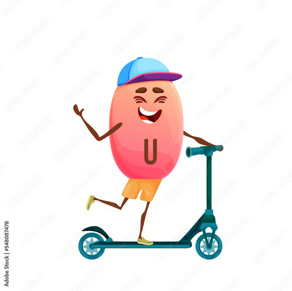 Cartoon vitamin U character on scooter. Isolated vector micronutrient bubble riding fun, summertime recreation or sport. Fantasy personage exercising, food supplement outdoor activity, sports, relax Cartoon vitamin U character on scooter. Isolated vector micronutrient bubble riding fun, summertime recreation or sport. Fantasy personage exercising, food supplement outdoor activity, sports, relax