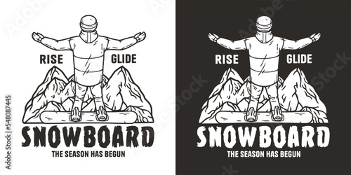 A snowboarder descends a snowy mountain. A winter extreme sport. Printable print about snowboarding