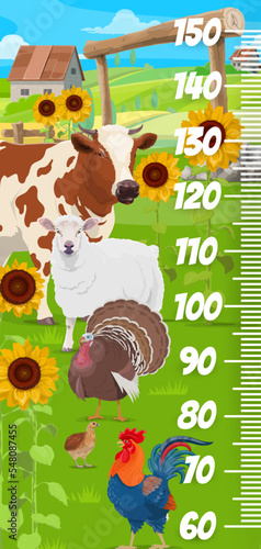 Kids height chart ruler with farm animals and birds, vector growth meter scale. Baby tall size measure ruler with cartoon cattle farm cow, sheep and turkey, rooster and partridge on farm