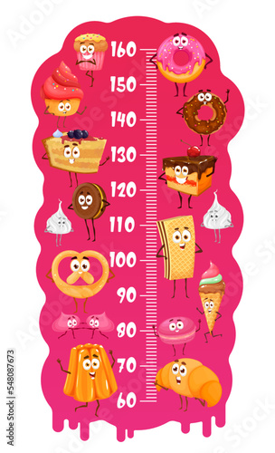 Kids height chart. Cartoon desserts, cakes, donuts and sweets, ice cream and pastry. Growth measure ruler scale with funny cheesecake, chocolate croissant and pudding or cookie, waffle and donut