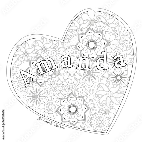 Black and white flower decoration with name Amanda, heart frame. Coloring book page. Vector illustration. photo