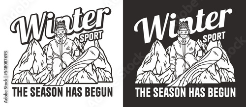 A snowboarder descends a snowy mountain. A winter extreme sport. Printable print about snowboarding