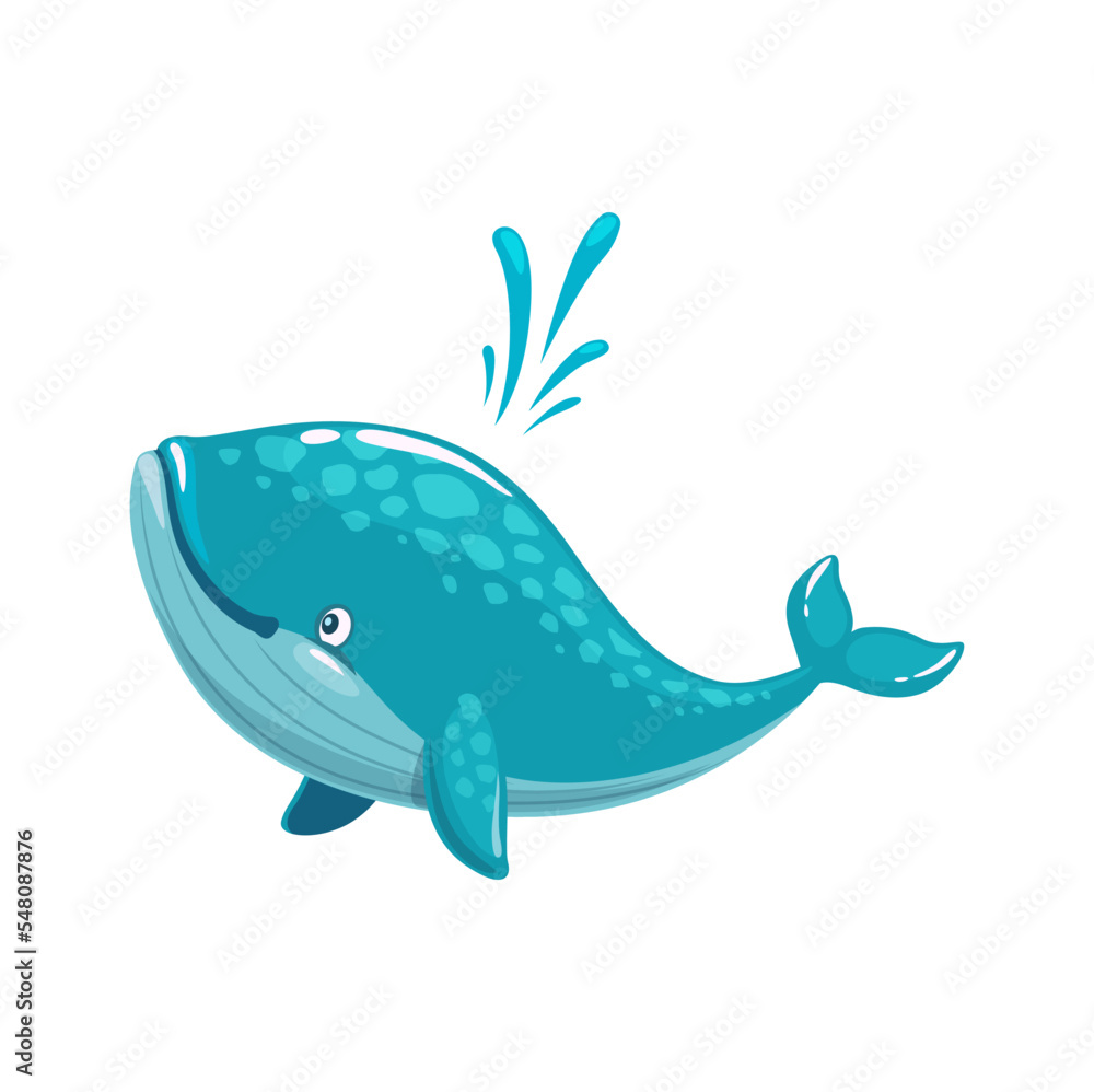 Cartoon whale character with water cascade splash, vector cute sea