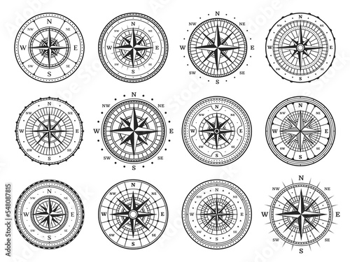 Old compass, vintage map wind rose, vector direction and navigation icons. North, south, west and east star compass symbol with arrows for travel adventure, nautical marine retro cartography wind rose