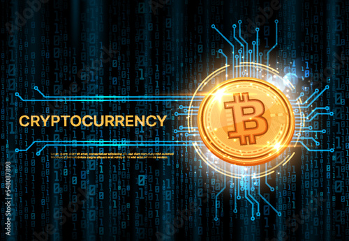 Bitcoin crypto currency banner. Cryptocurrency wallet backdrop or wallpaper, bitcoin mining vector background or banner. Electronic money token cover with golden coin, motherboard track, binary code