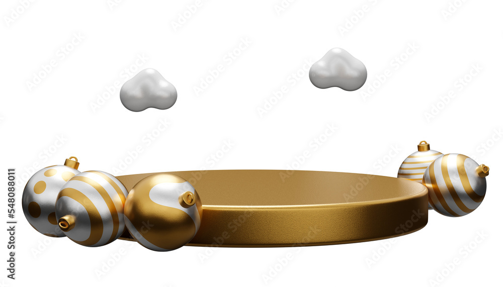 Christmas isolated podium with golden bauble ball for product display. 3d rendering