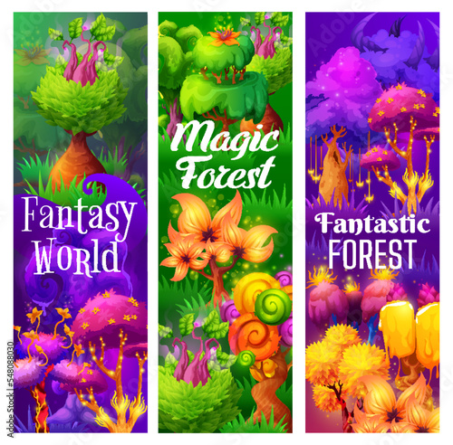 Fantastic and fairy magic trees and plants, fairytale forest. Cartoon vector banners with funny mushrooms in fantasy forest. Vertical cards or bookmarks with strange glow fungi, odd alien plants