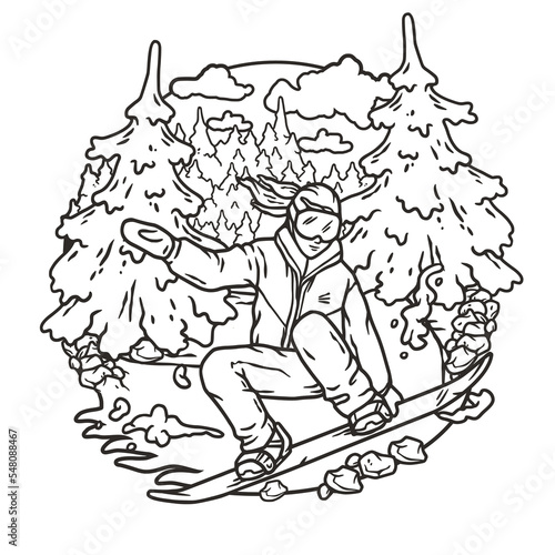 A snowboarder descends a snowy mountain. A winter extreme sport. Printable print about snowboarding