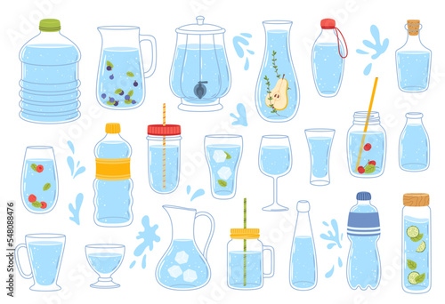 Glass and plastic water bottles and containers, drink cups and beverage jugs, vector linear icons. Glass cup of soda, beer and wine, juice pitcher, ice tea mug, whiskey carafe and mineral water bottle