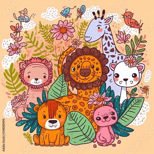 Cute doodle safari animals with floral illustration