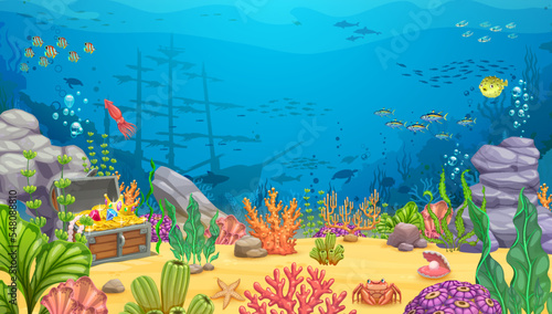Cartoon underwater landscape with sunken frigate ship. Vector game level background with shipwreck vessel on sea bottom, treasure chest, aquatic plants, coral reef, rocks and animals. Ocean scene