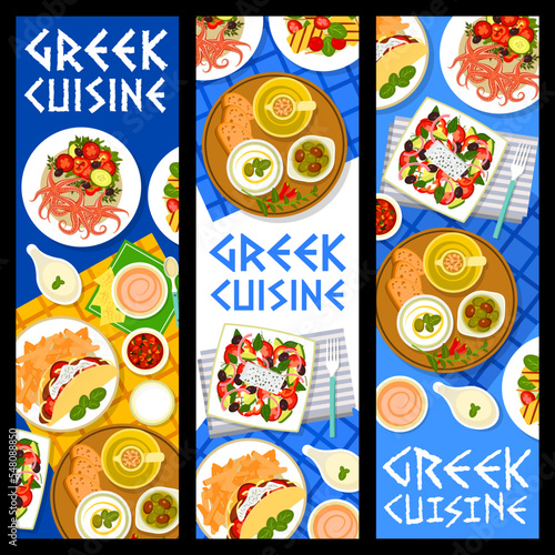 Greek cuisine banners, Greece food and Mediterranean menu for restaurant, vector. Greek cuisine lunch, dinner or breakfast food, traditional salad with halloumi cheese and tzatziki