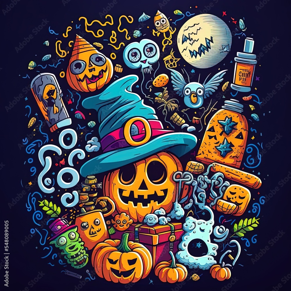 Fototapeta premium Doodle halloween items 2d illustrated cartoon style