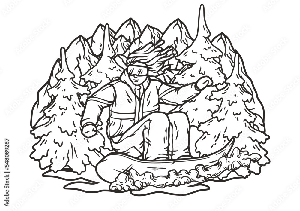 Fototapeta premium A snowboarder descends a snowy mountain. A winter extreme sport. Printable print about snowboarding