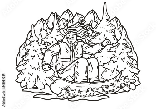 A snowboarder descends a snowy mountain. A winter extreme sport. Printable print about snowboarding