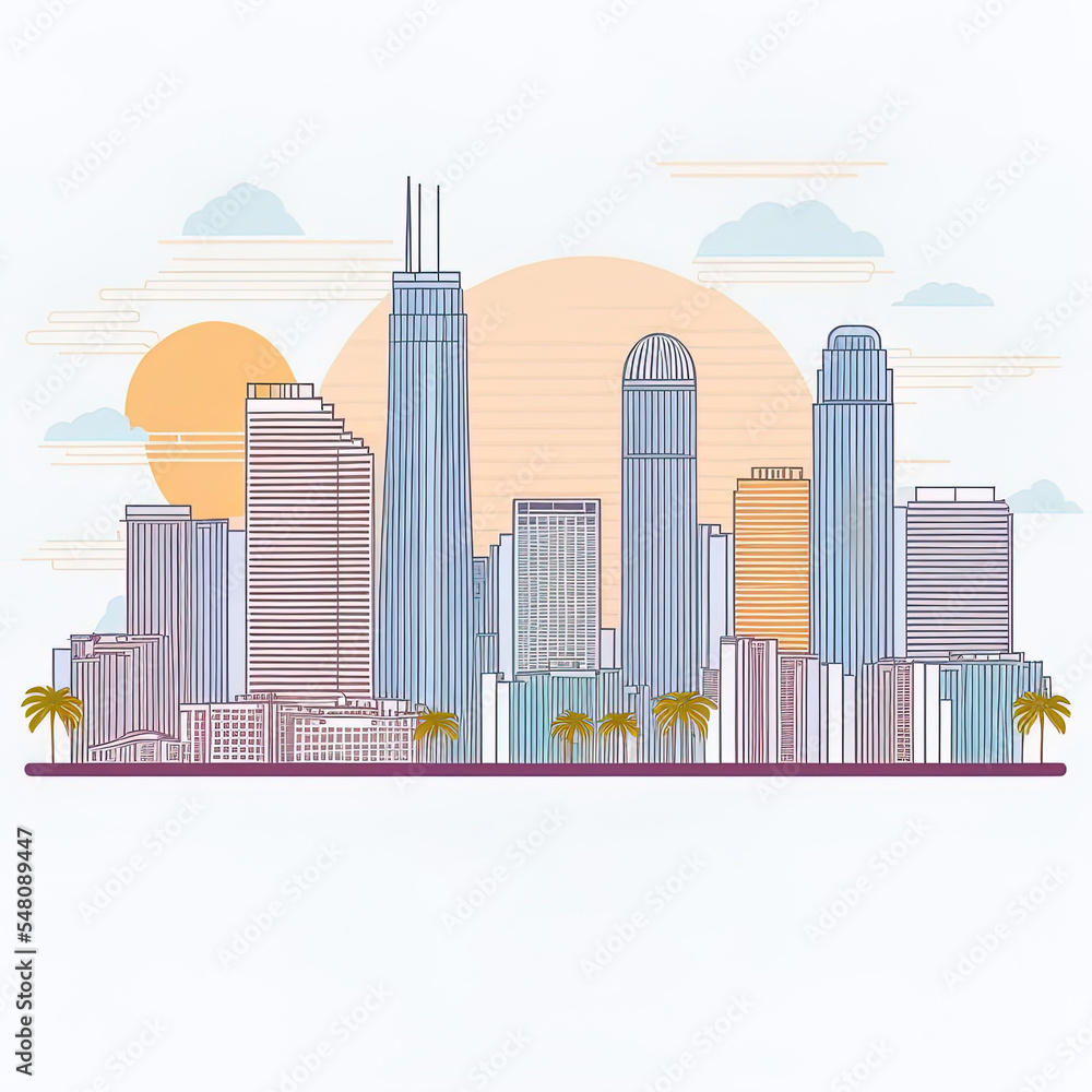 Miami florida line city skyline with panorama in white background 2d illustrated illustration business travel and tourism concept with modern buildings image for banner or website